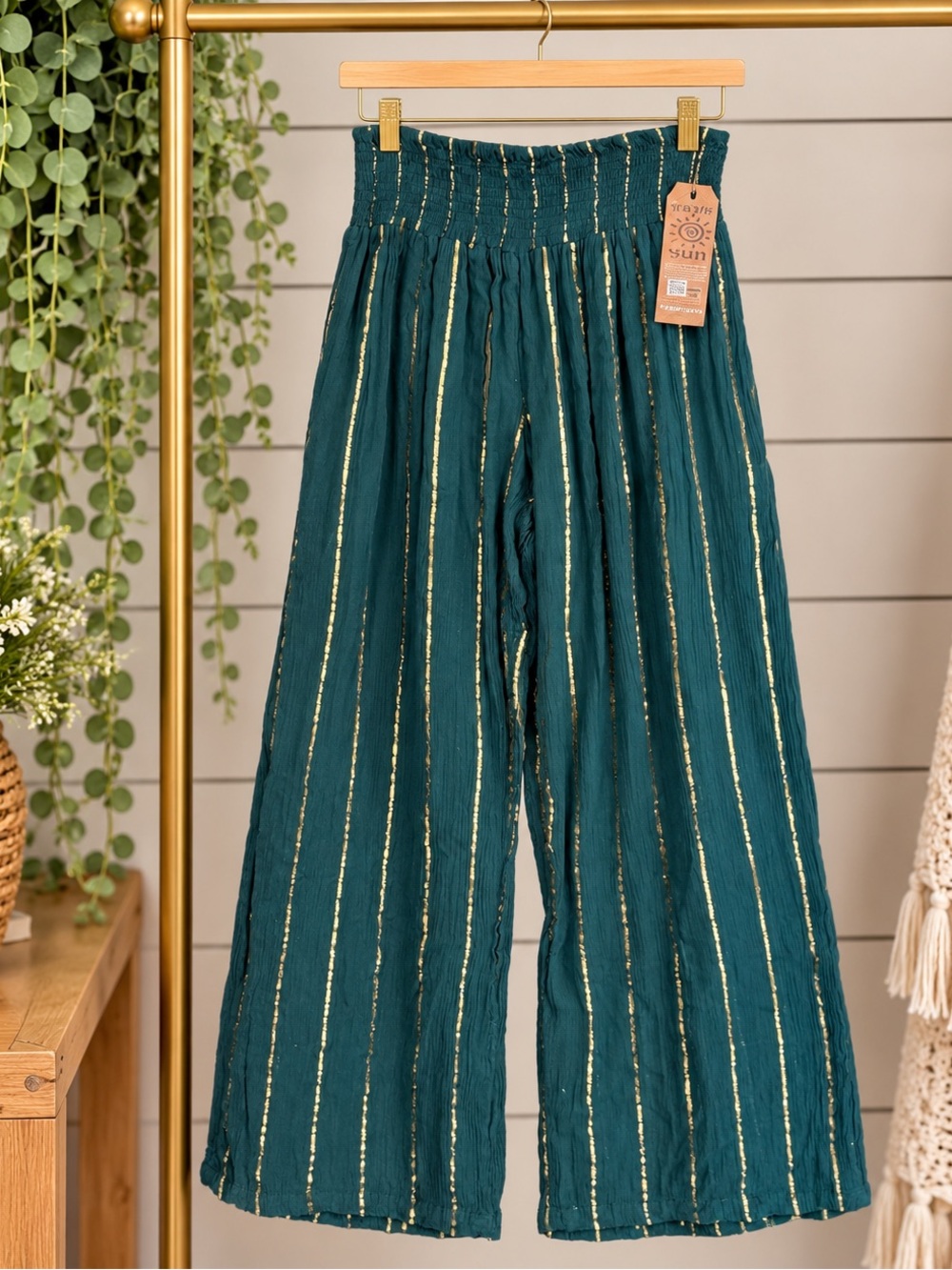 raya sun Teal Wide-Leg Pants with Gold Metallic Stripes